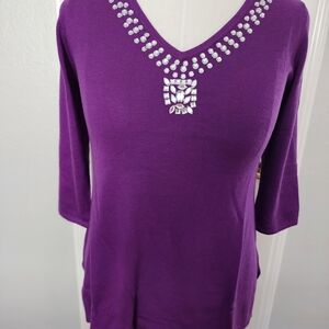IMAN Purple V-Neck Blouse with Silver Accents